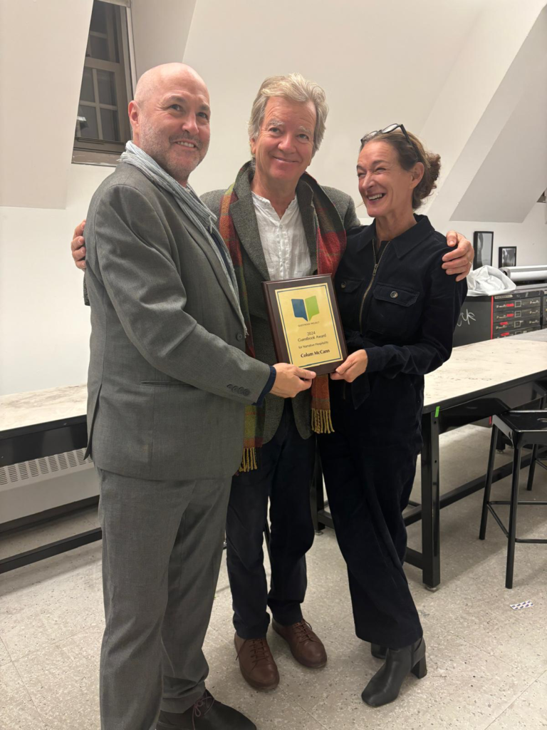 Guestbook Project directors, Richard Kearney and Sheila Gallagher, present the 2024 Award for Narrative Hospitality to Pulitzer Prize winning author Colum McCann