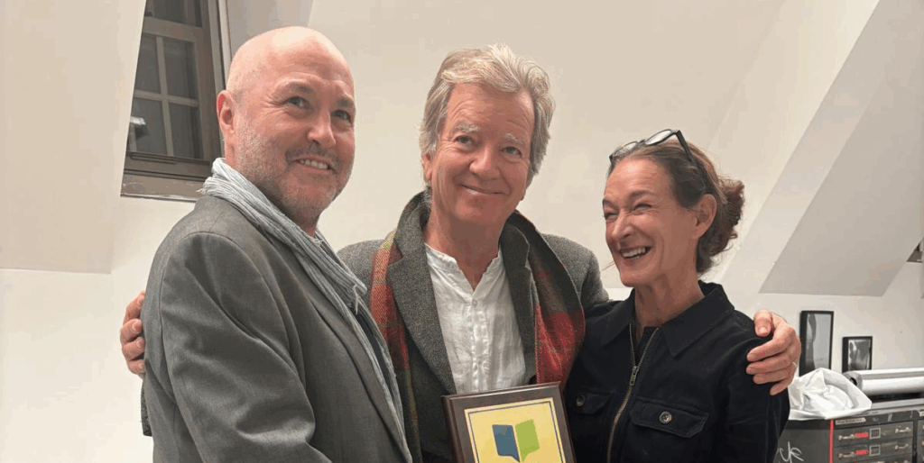 Guestbook Project directors, Richard Kearney and Sheila Gallagher, present the 2024 Award for Narrative Hospitality to Pulitzer Prize winning author Colum McCann