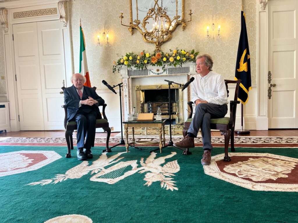 Guestbook Project director Richard Kearney presents the 2025 Award for Narrative Hospitality to President of Ireland Michael D. Higgins